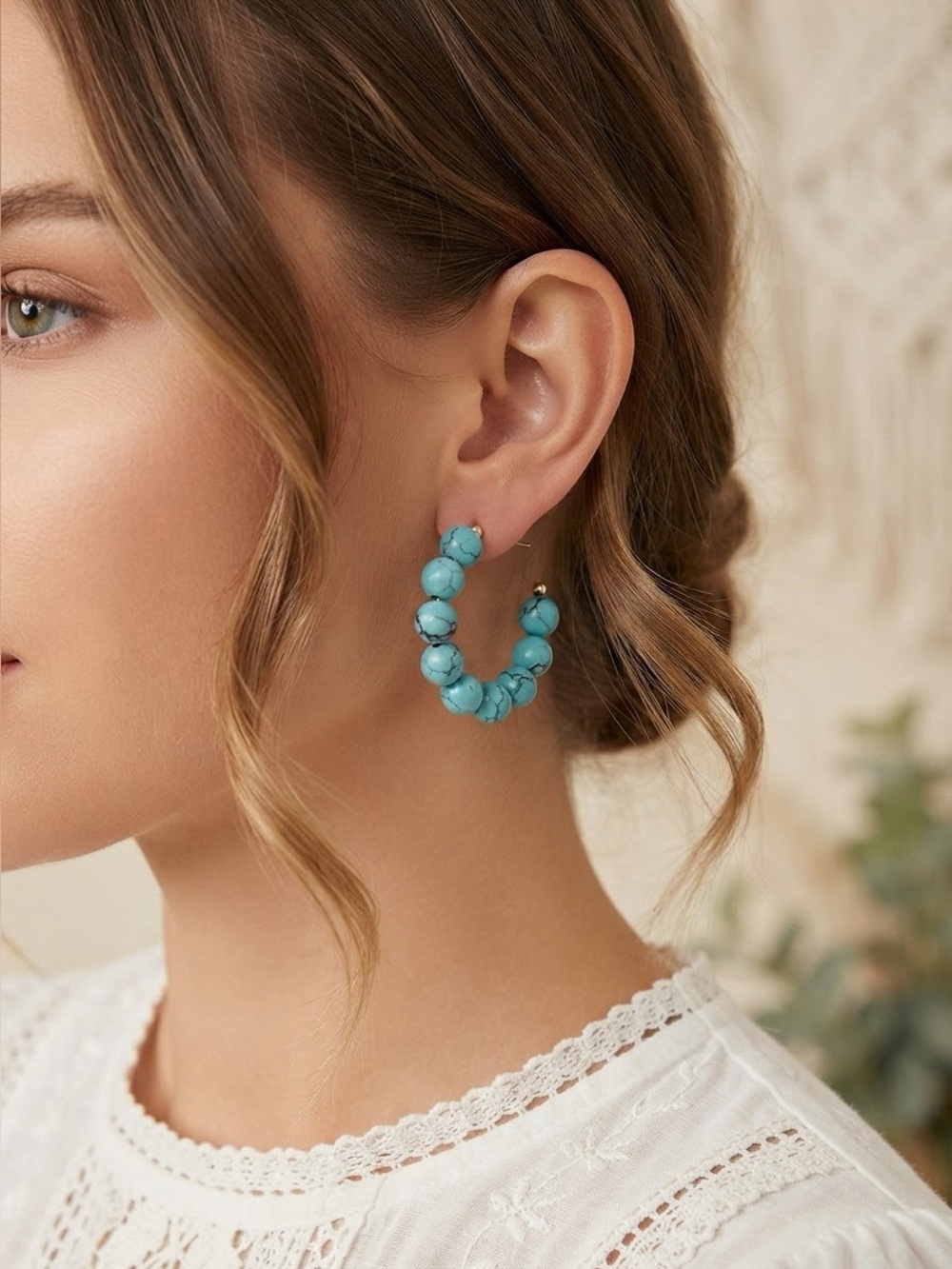 Alfani Turquoise Bead C Hoop Earrings | Gold Tone Blue Stone Hoops